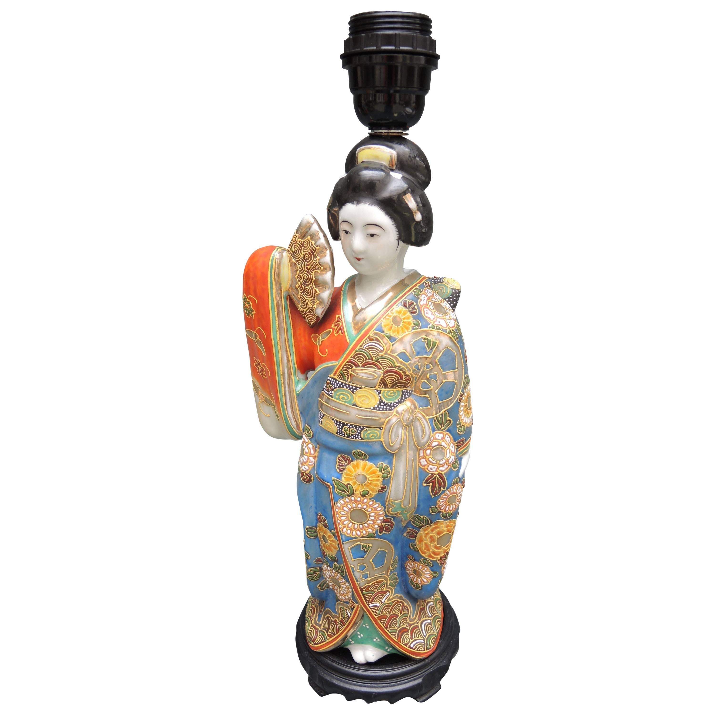 Japanese Satsuma Porcelain Statue Lamp Depicting a Geisha For Sale