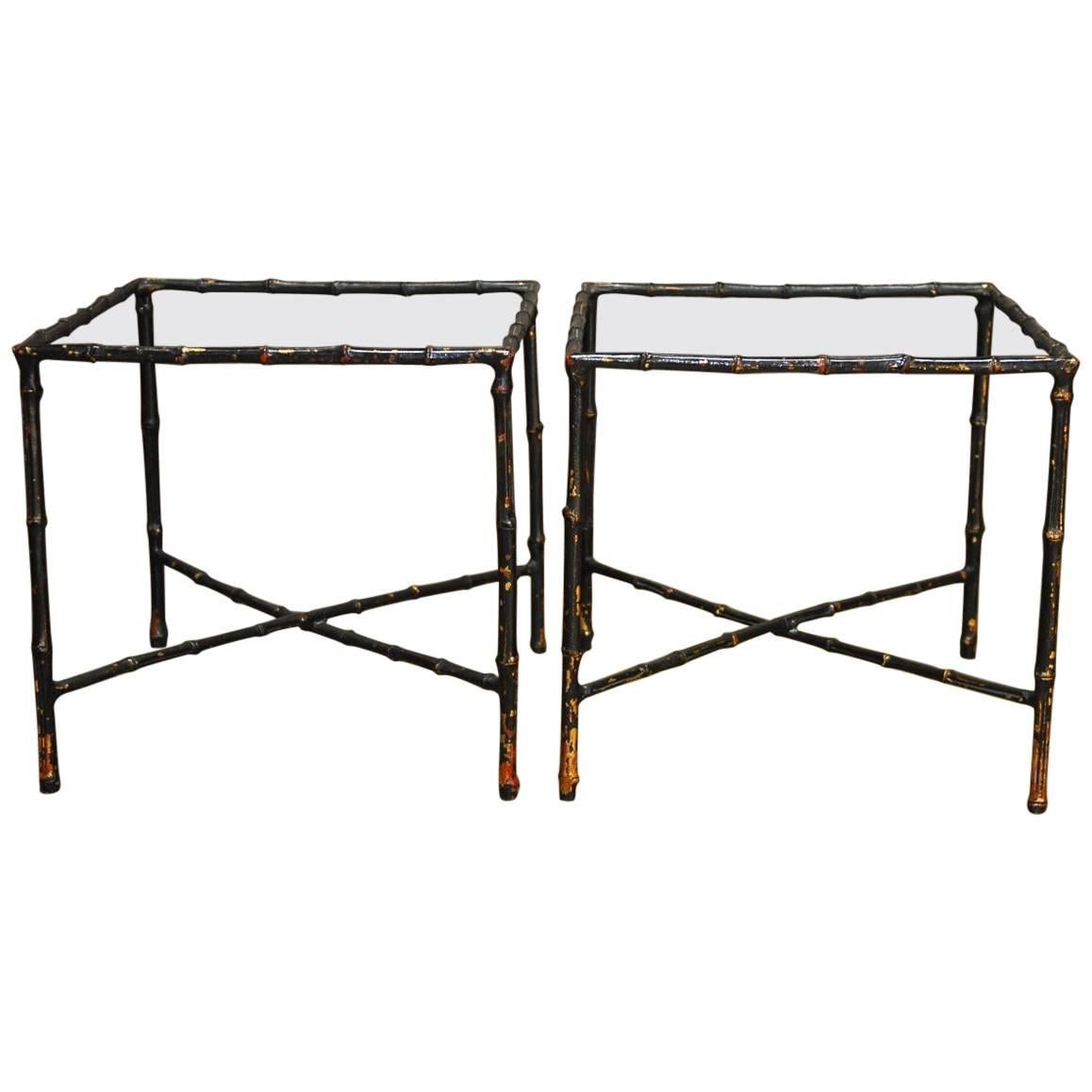 Pair of Black Lacquered Faux Bamboo Gilt Drink Tables