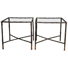 Pair of Black Lacquered Faux Bamboo Gilt Drink Tables