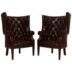 Pair of Antique Leather Porters Wing Armchairs