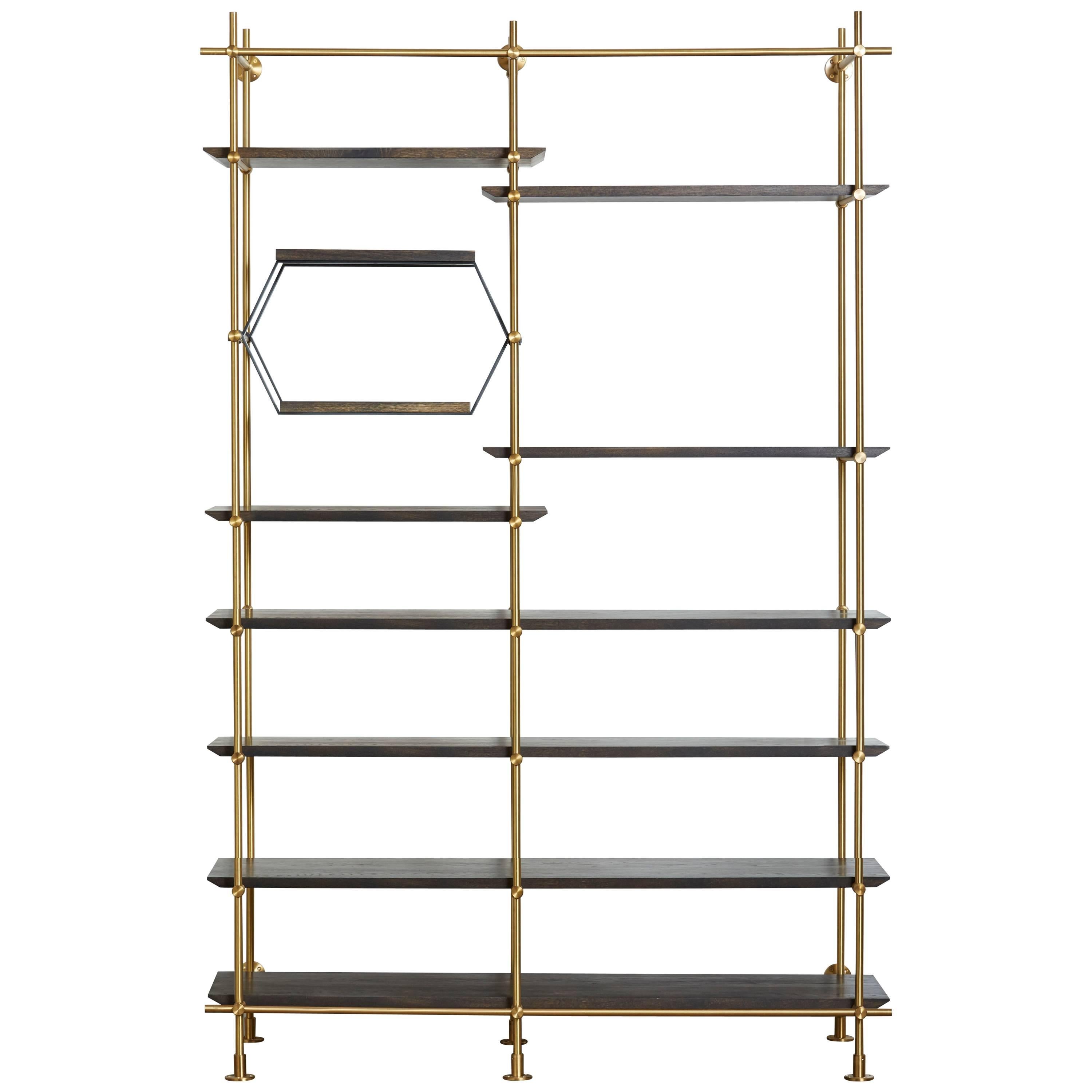  Amuneal's 2 Bay Collector's Brass Shelving Unit+Oxidized Oak Adjustable Shelves
