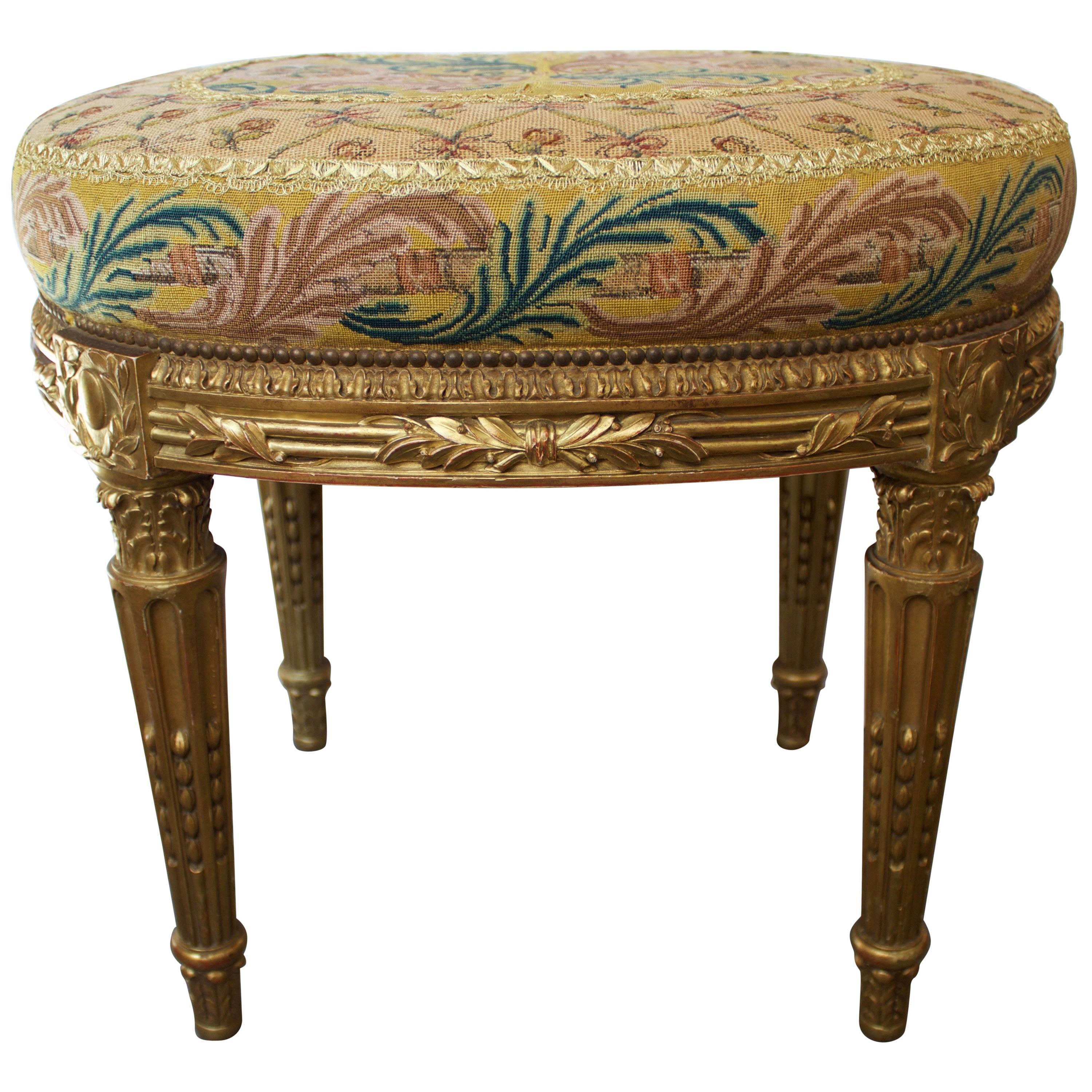 French Louis XVI Pd Stool in Giltwood and Petit-Point Tapestry For Sale