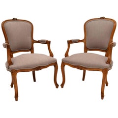 Pair of Antique French Carved Walnut Salon Armchairs