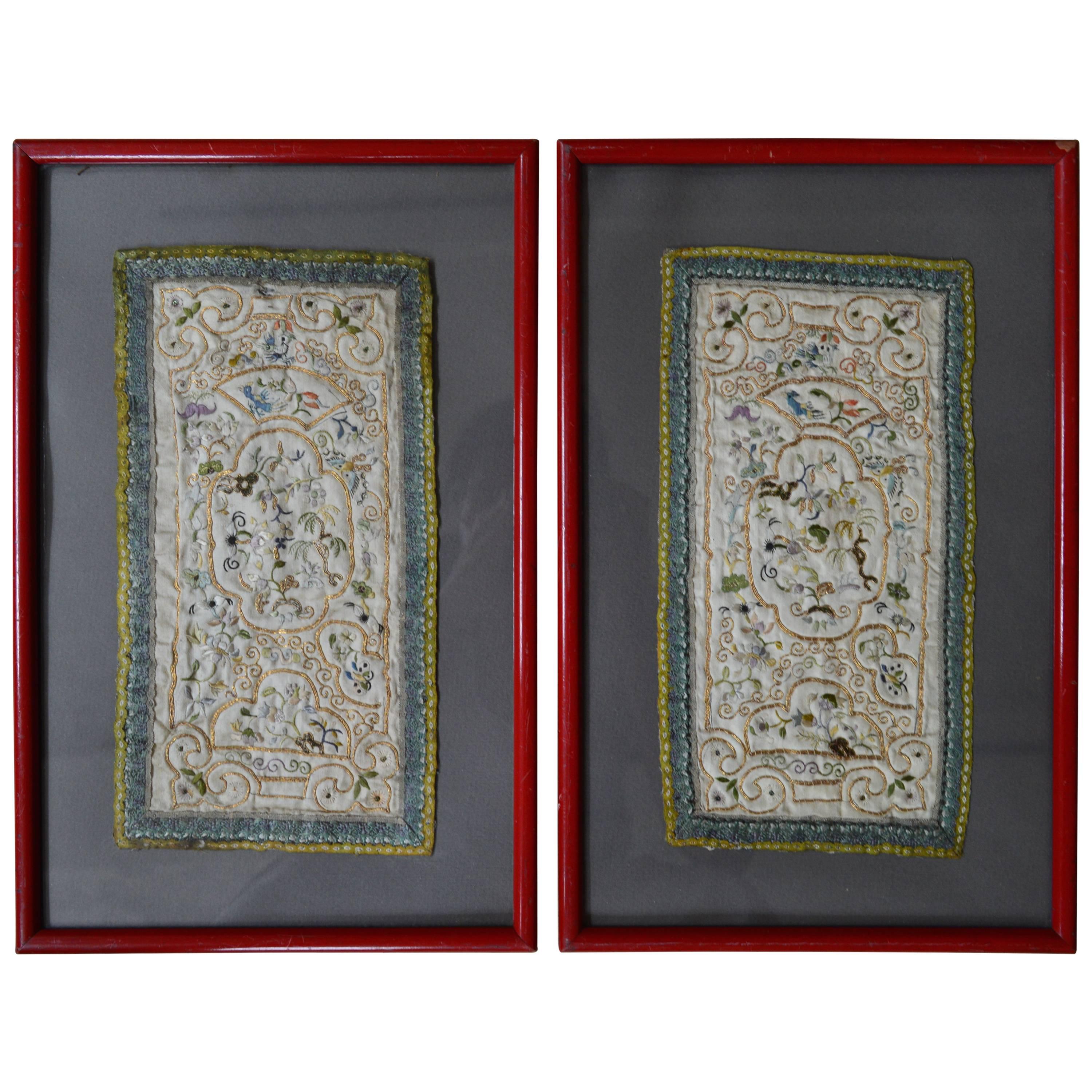 Pair of Early 19th Century Chinese Embroidered Silk Shoulder Panels For Sale
