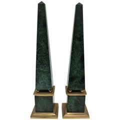 Pair Vintage Modern Green Marble and Brass Obelisks, 1990s