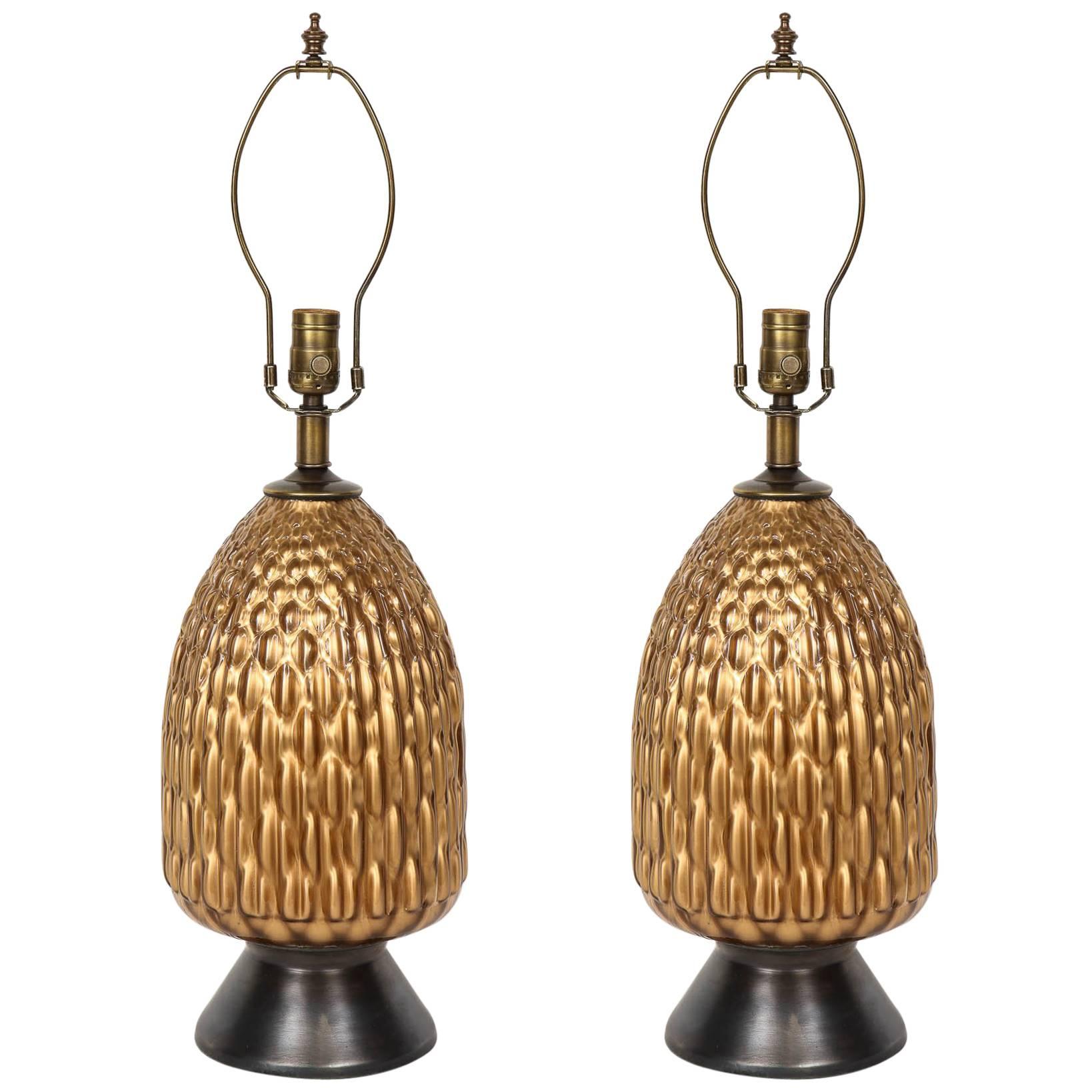 Italian Bronze and Coppered Glass Artichoke  Lamps For Sale