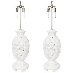 Retro Large Italian Hand-Carved Alabaster Floral Lamps