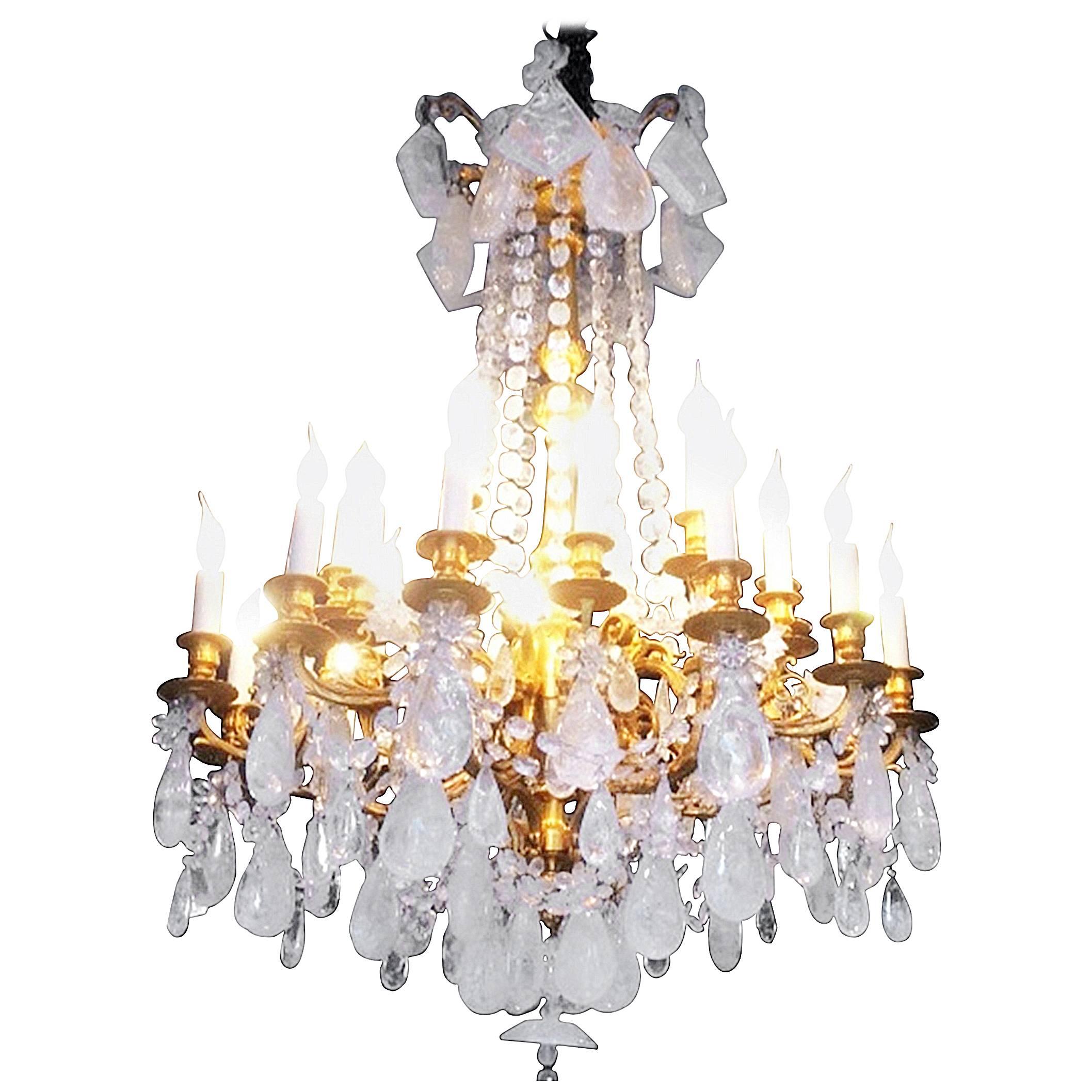 Fabulous Rock Crystal and Chiseled Gilt Bronze Chandelier, Lousi XVI Style, 2016 For Sale