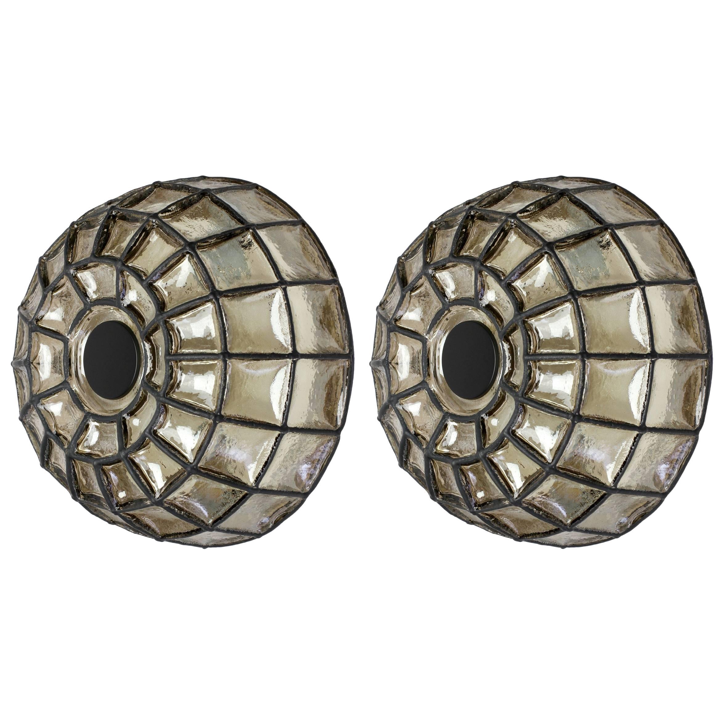 Pair of 1960s Black Iron and Glass Honeycomb Domed Wall Lights by Limburg