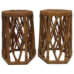 Pair of Vintage Hexagon Rattan Wicker Side Tables