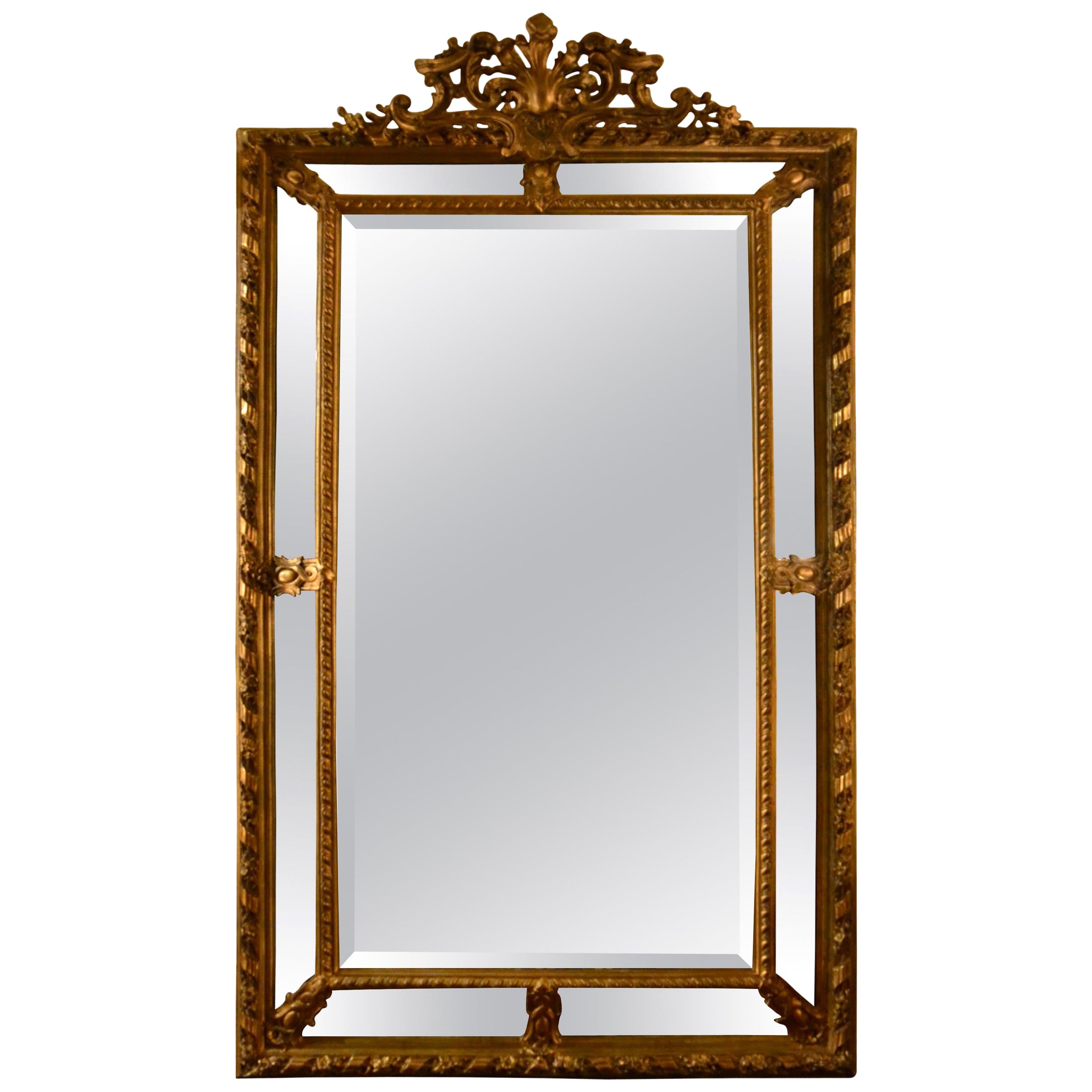 Antique French Louis XVI Style Gold Color Carved Wood Panelled Mirror circa 1890 For Sale