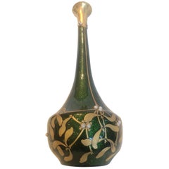 Rare Large Green Advanturine and Gilded Mistletoe Glass Vase by Montjoye, 1900s