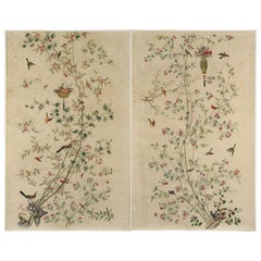 Pair of Chinoiserie Hand-Painted Wall Paper Panels, Watercolor on Rice Paper