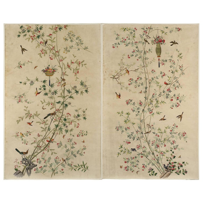Pair of Chinoiserie Hand-Painted Wall Paper Panels, Watercolor on Rice ...