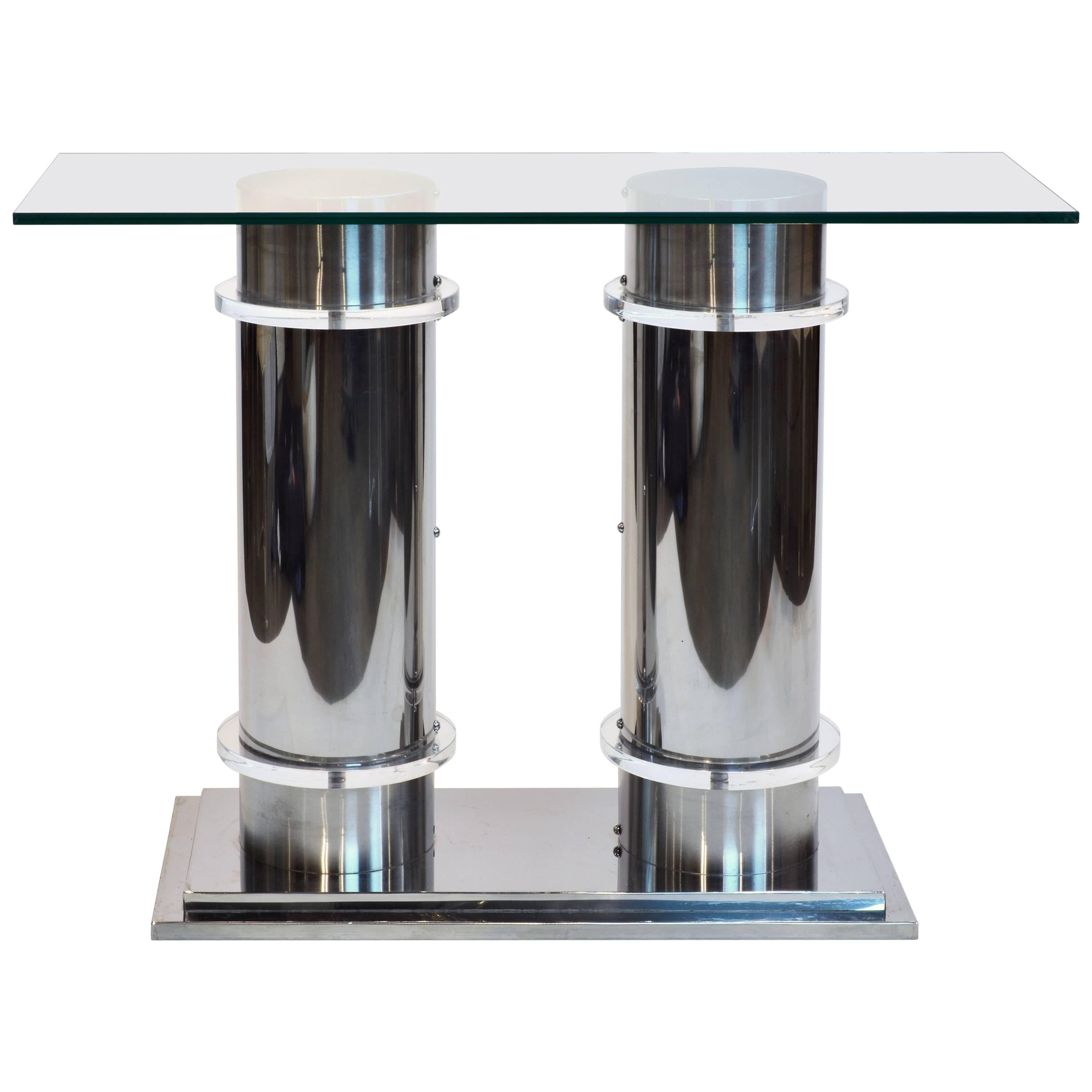 Modern Design Twin Column Chrome, Aluminium and Lucite Glass Top Console Table