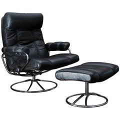 Retro Ekornes Leather Stressless Recliner and Ottoman