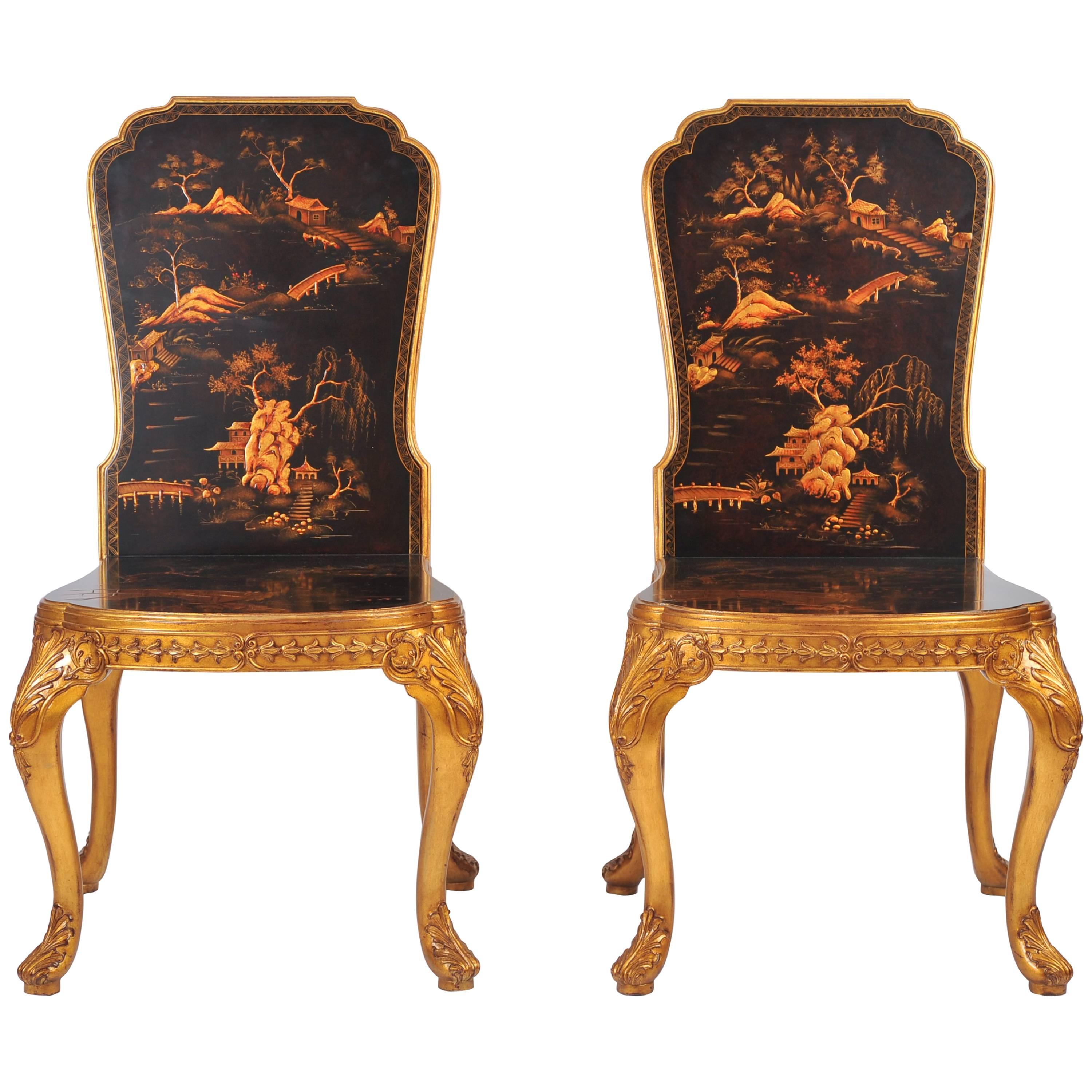 Pair of 18th Century Style Chinoiserie Hall Chairs