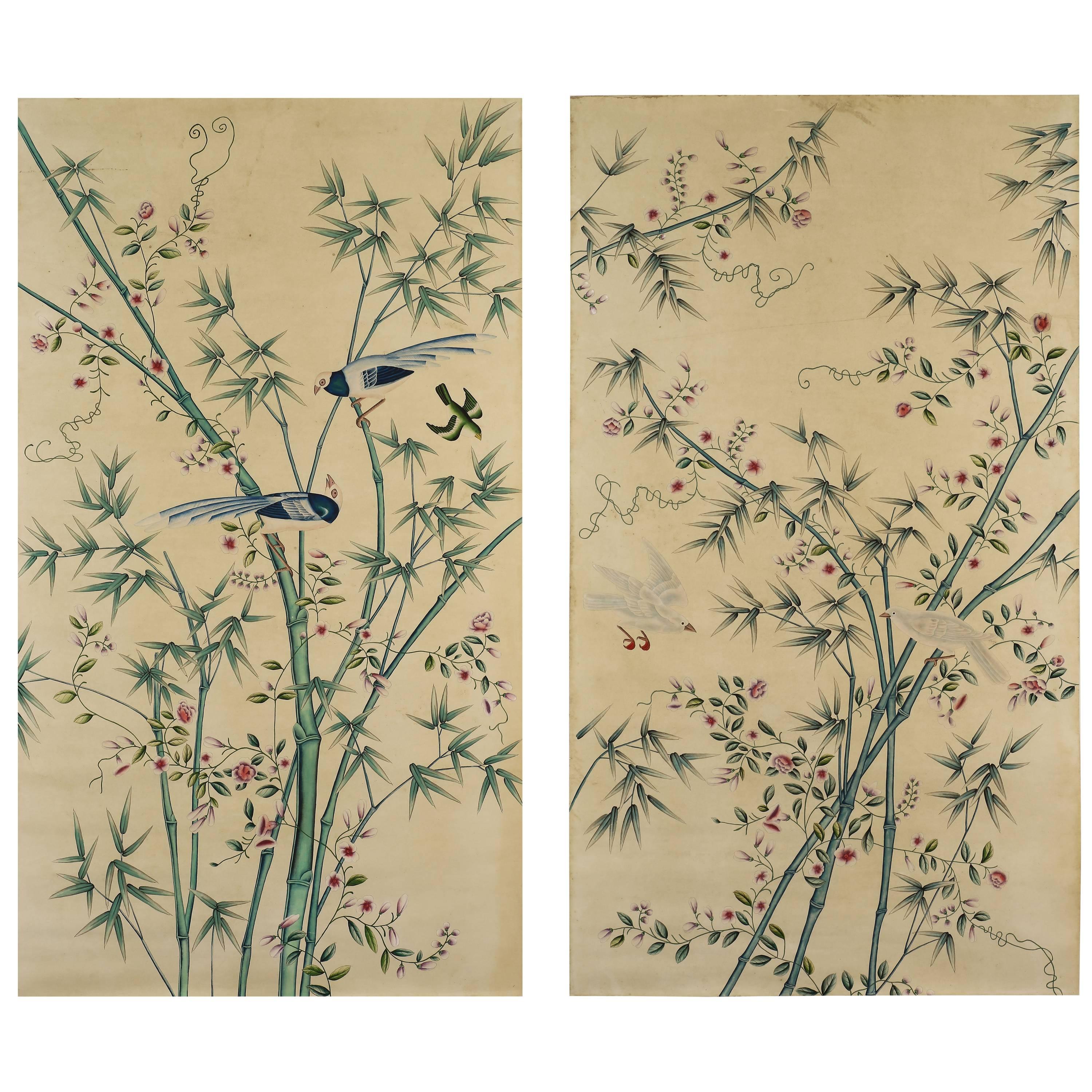 Pair of Hand-Painted Chinoiserie Paintings of Wall Paper Panels, Watercolor