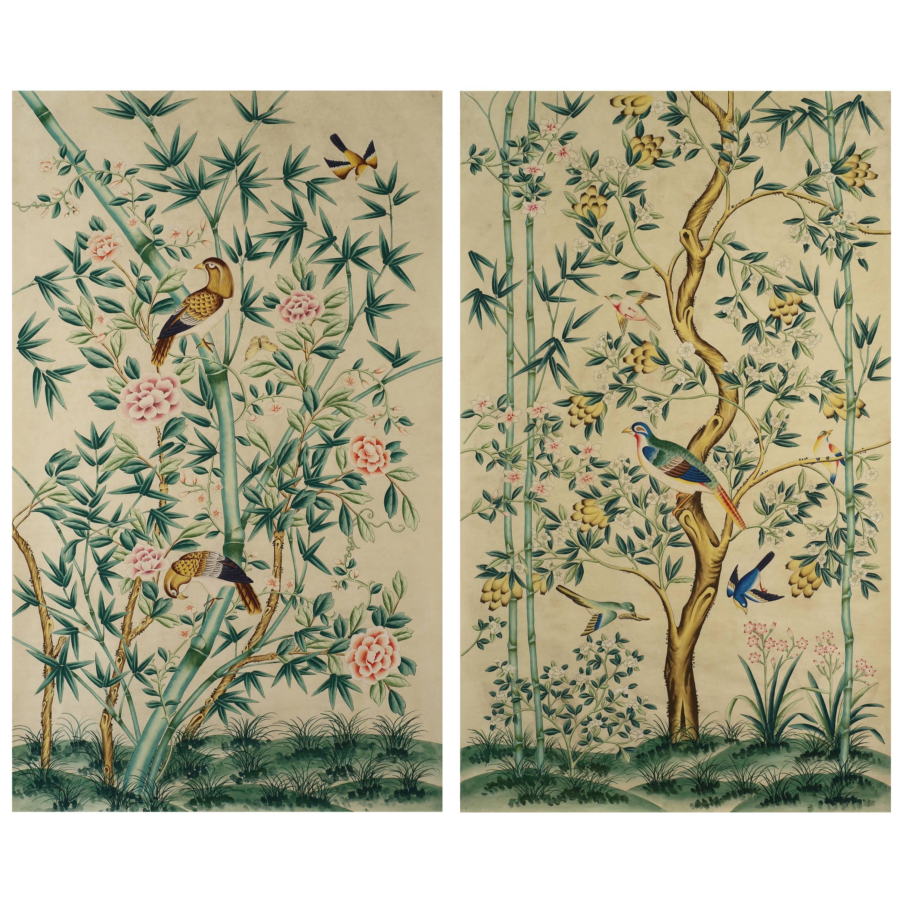 Pair of Chinoiserie Hand-Painted Wall Paper Panels, Watercolour on Rice Paper