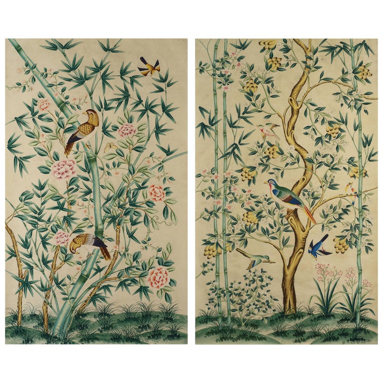 Pair of Chinoiserie Hand-Painted Wall Paper Panels, Watercolour on Rice ...