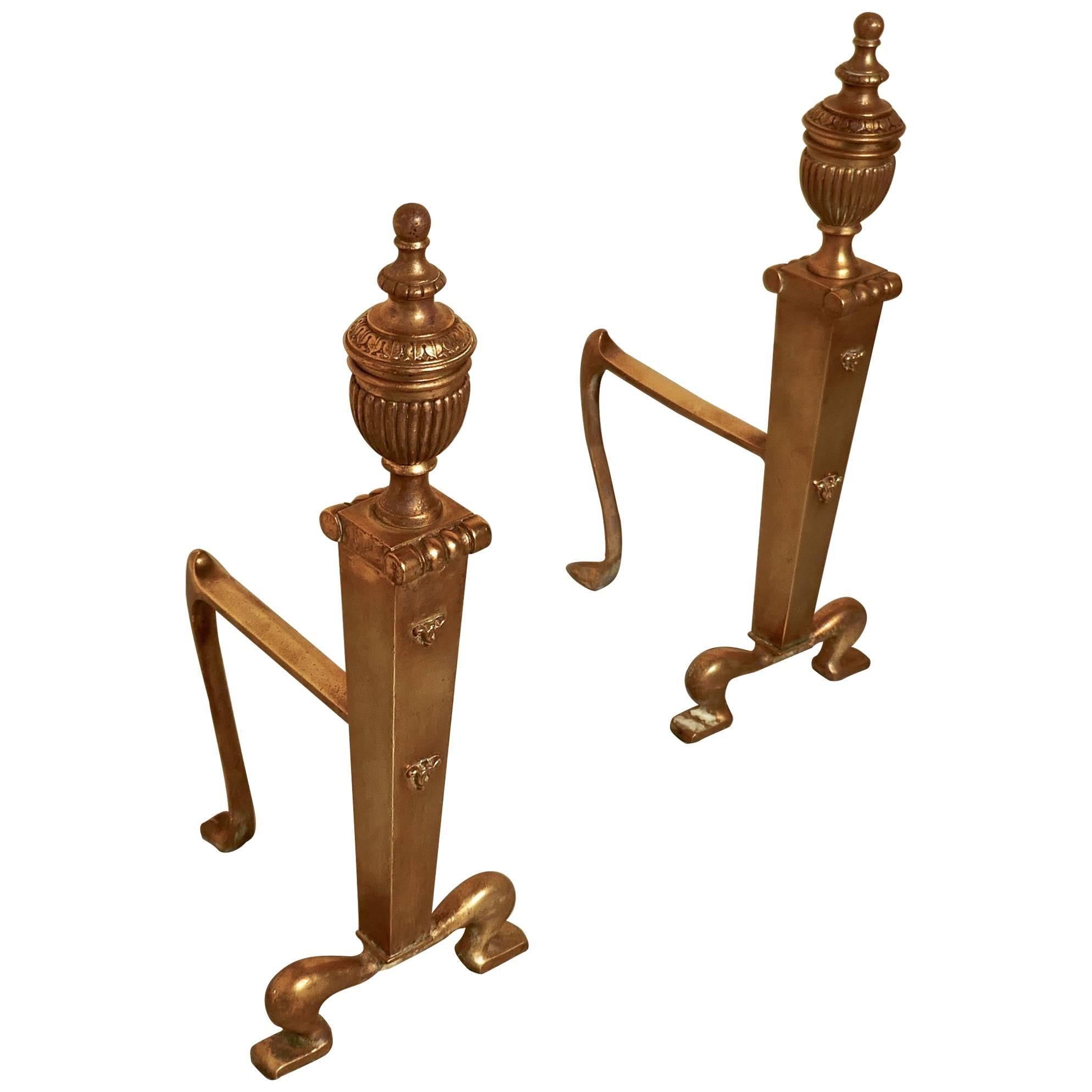 Elegant Pair of 19th Century Brass Andirons or Fire Dogs For Sale