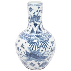 Monumental Chinese Blue and White Koi Bottleneck Vase