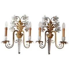 Huge Maison Bagues Style Crystal Flower Sconces, circa 1940