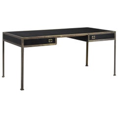 French Black Leather and Brass Desk, 1960s