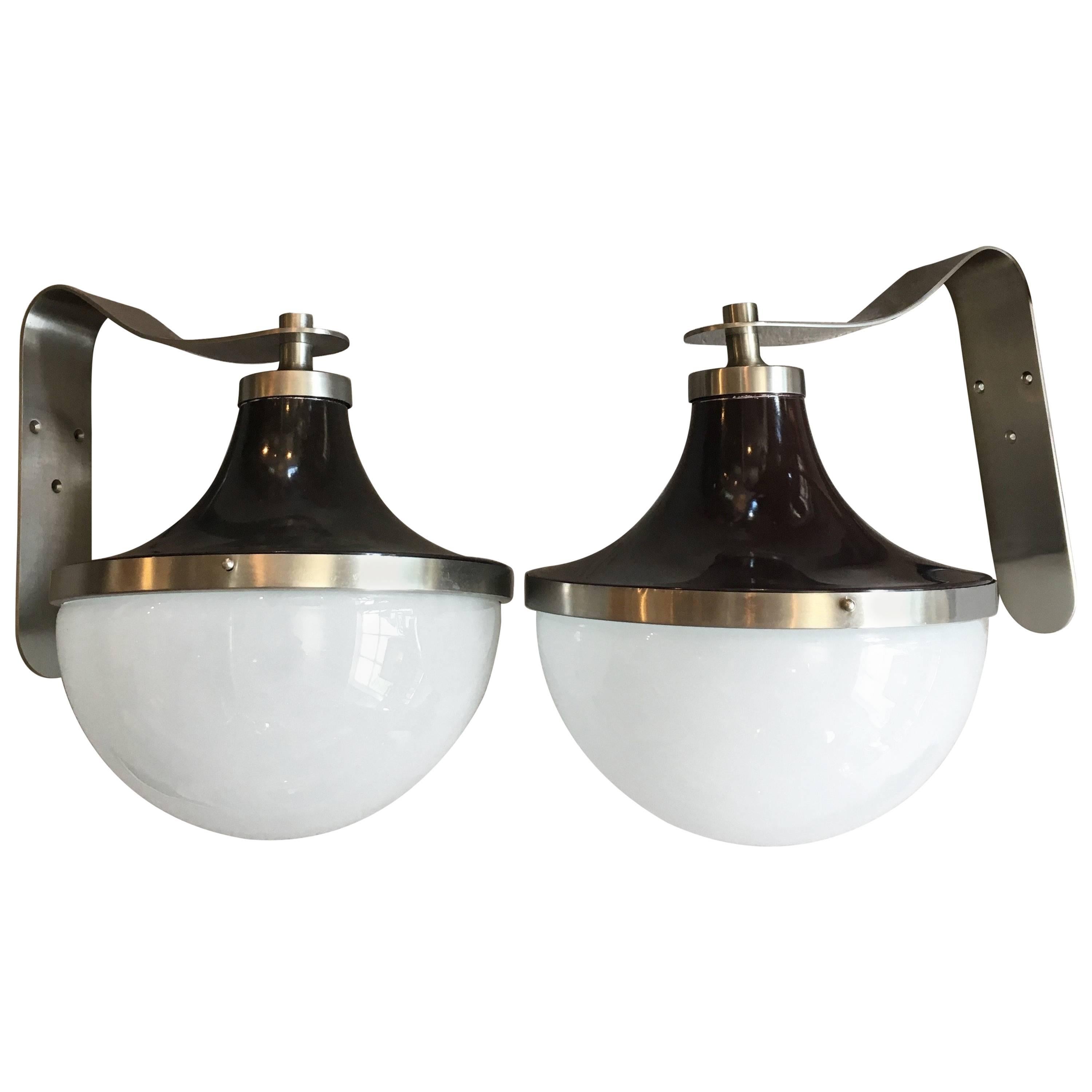 Pair of Enameled Metal and Glass Pendants or Sconces by Sergio Mazza, Artemide For Sale