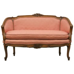 Vintage Small French Country Louis XV Style Carved Walnut Pink Settee Loveseat Sofa