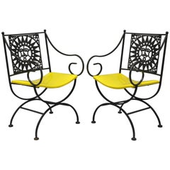 Pair of Arthur Umanoff Mayan Sun Wrought Iron Sunburst Armchairs Curule Yellow