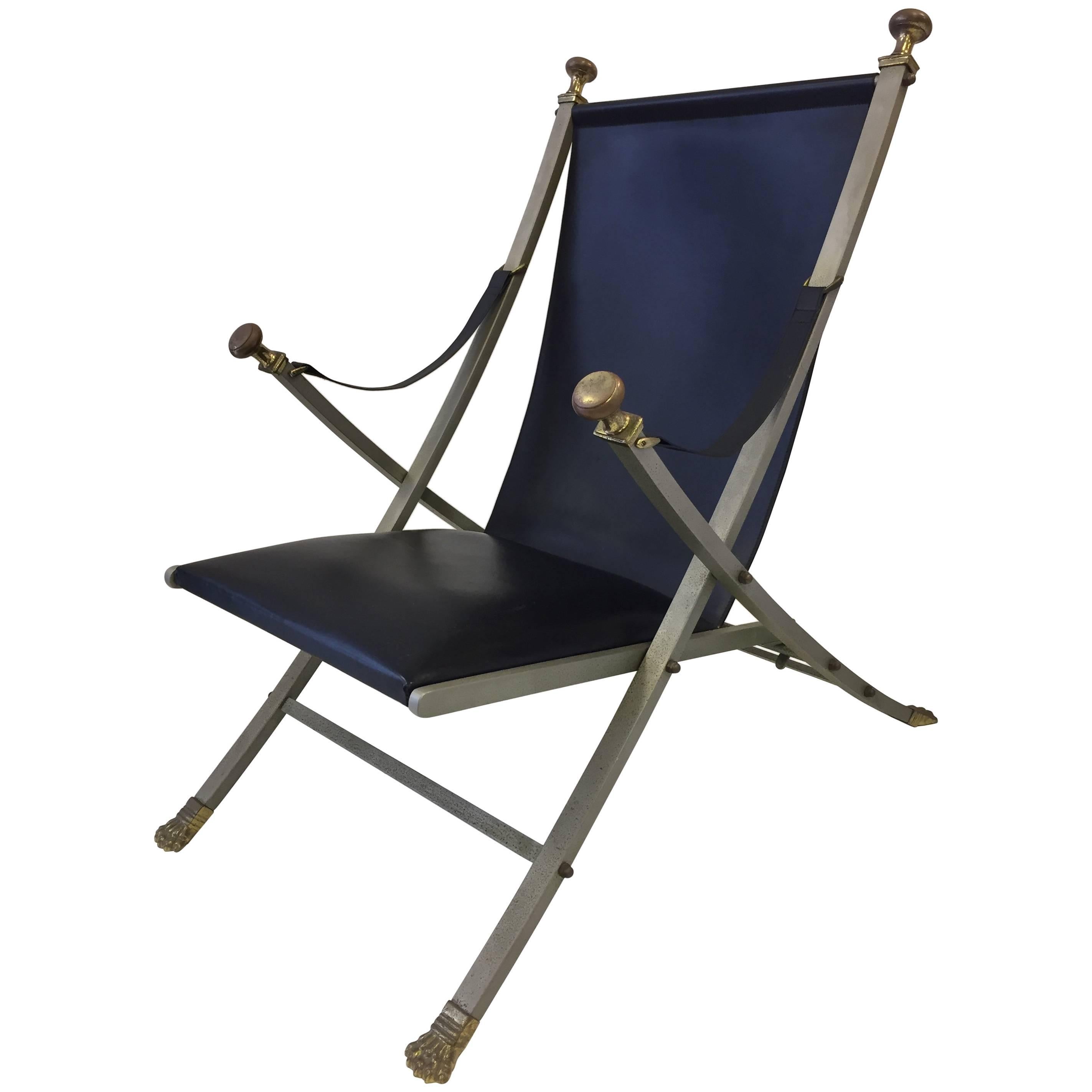 Maison Jansen Steel, Bronze and Leather Campaign Chair