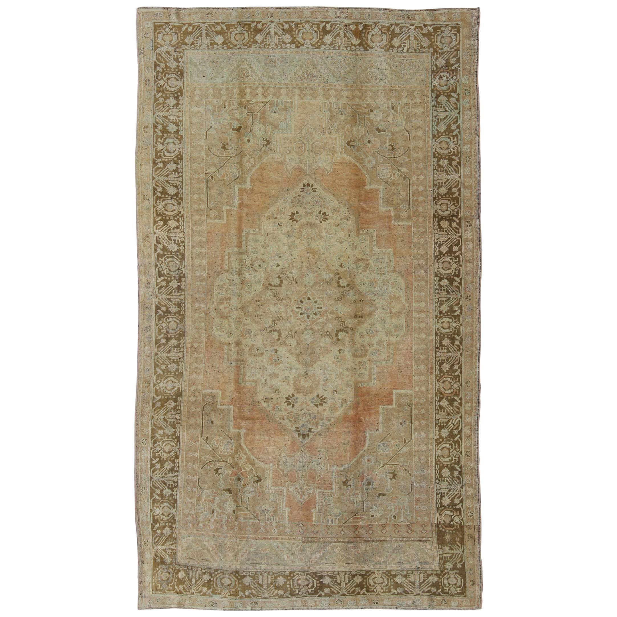 Vintage Turkish Oushak Rug With Medallion and Cornices in Light Orange & Brown