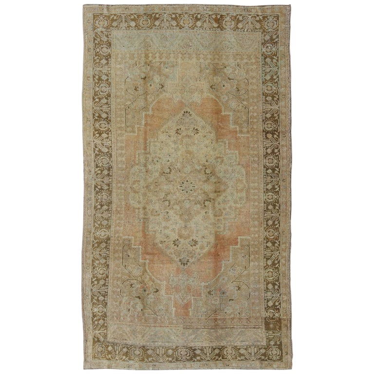 Vintage Turkish Oushak Rug With Ornate Medallion And Cornices In