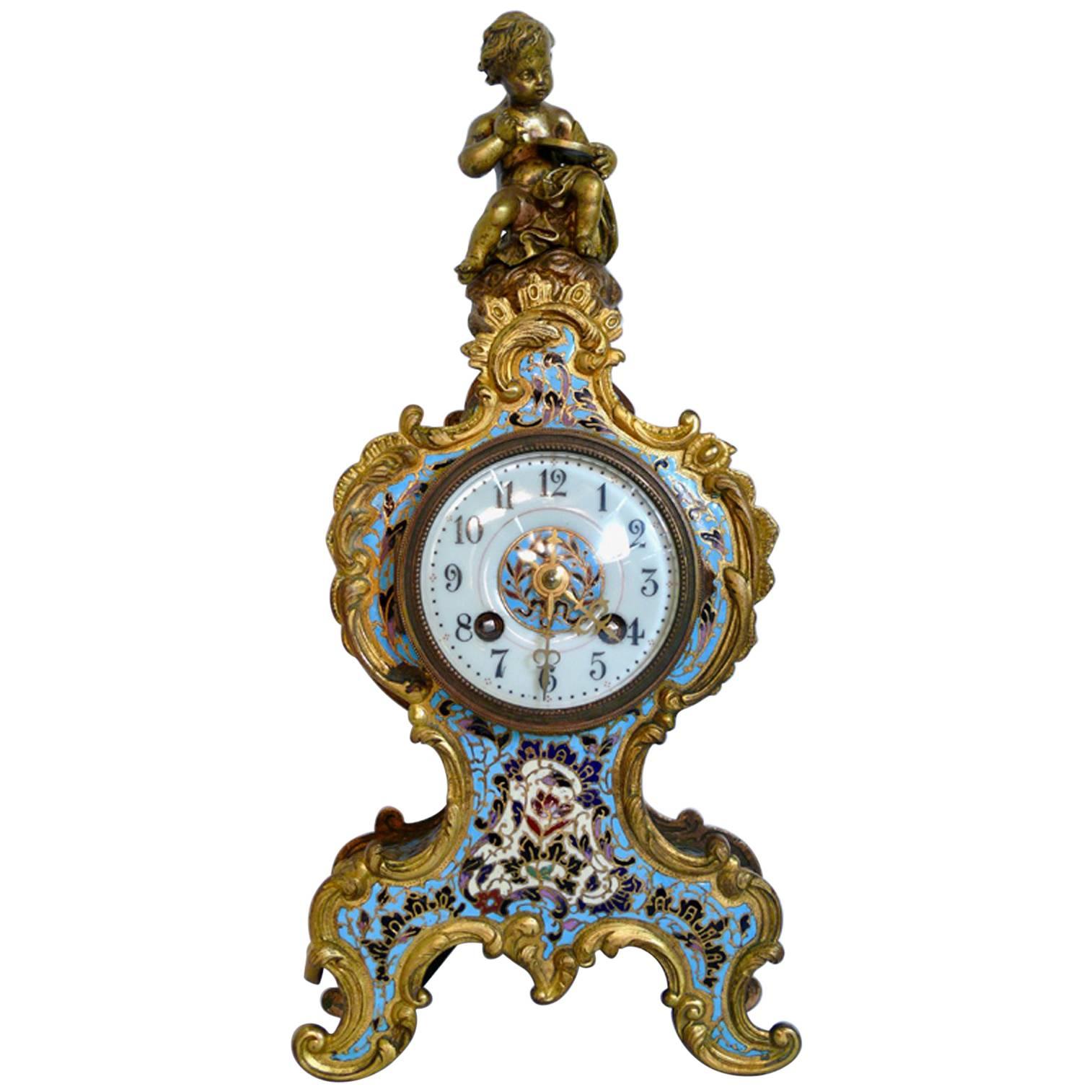 19th Century Museum Champlere Enameled Cherub Clock For Sale