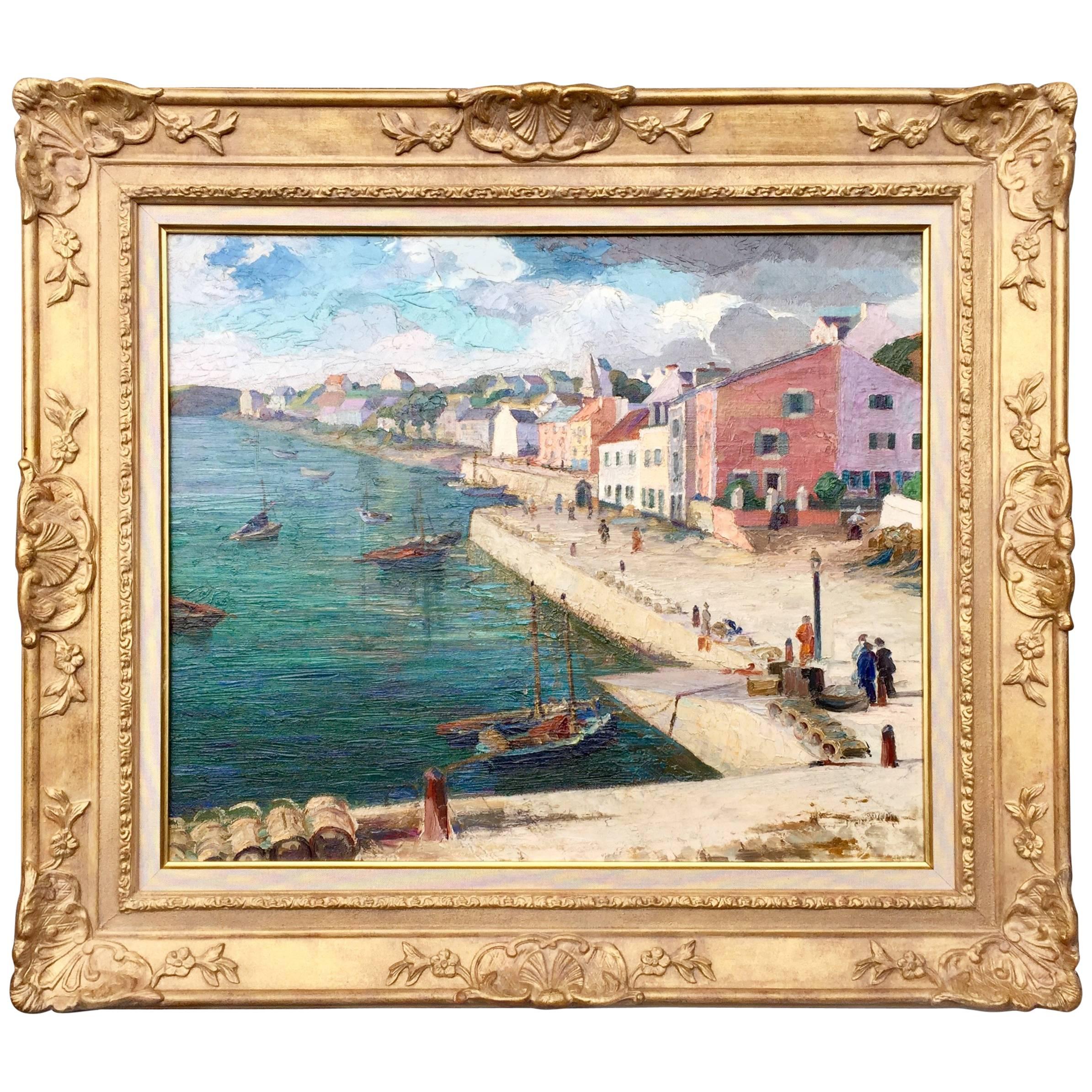 Peinture française post-impressionniste d'une ville portuaire en vente