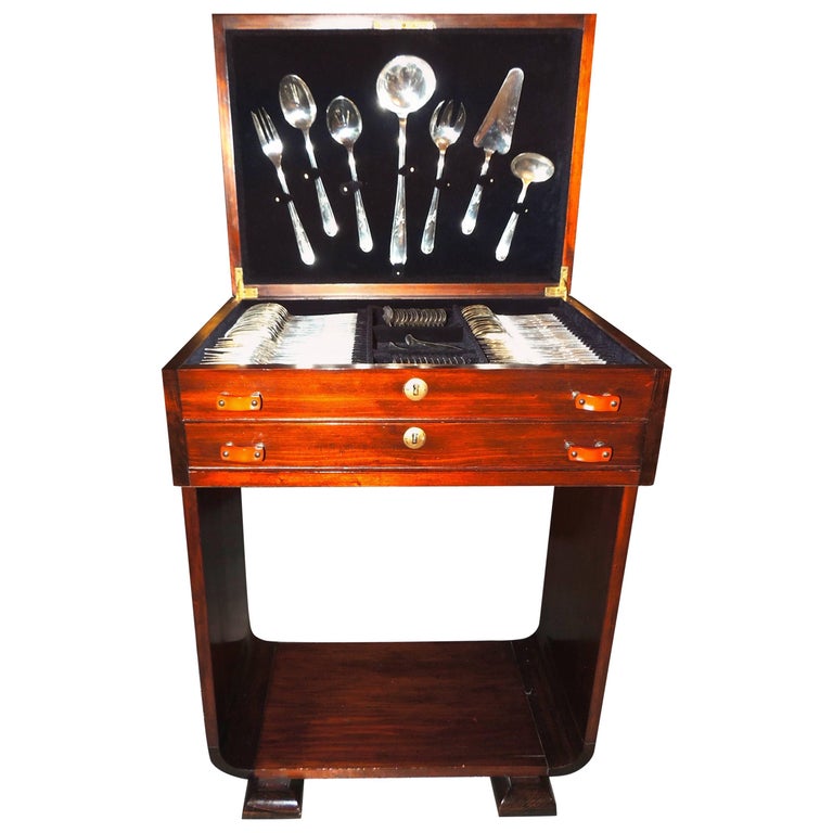 Complete Christofle Silverware Set in Wooden Storage Table at 1stDibs
