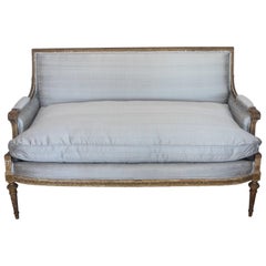 19th Century French Louis XVI Gold Gilt Settee with Light Gray Raw Silk and Down