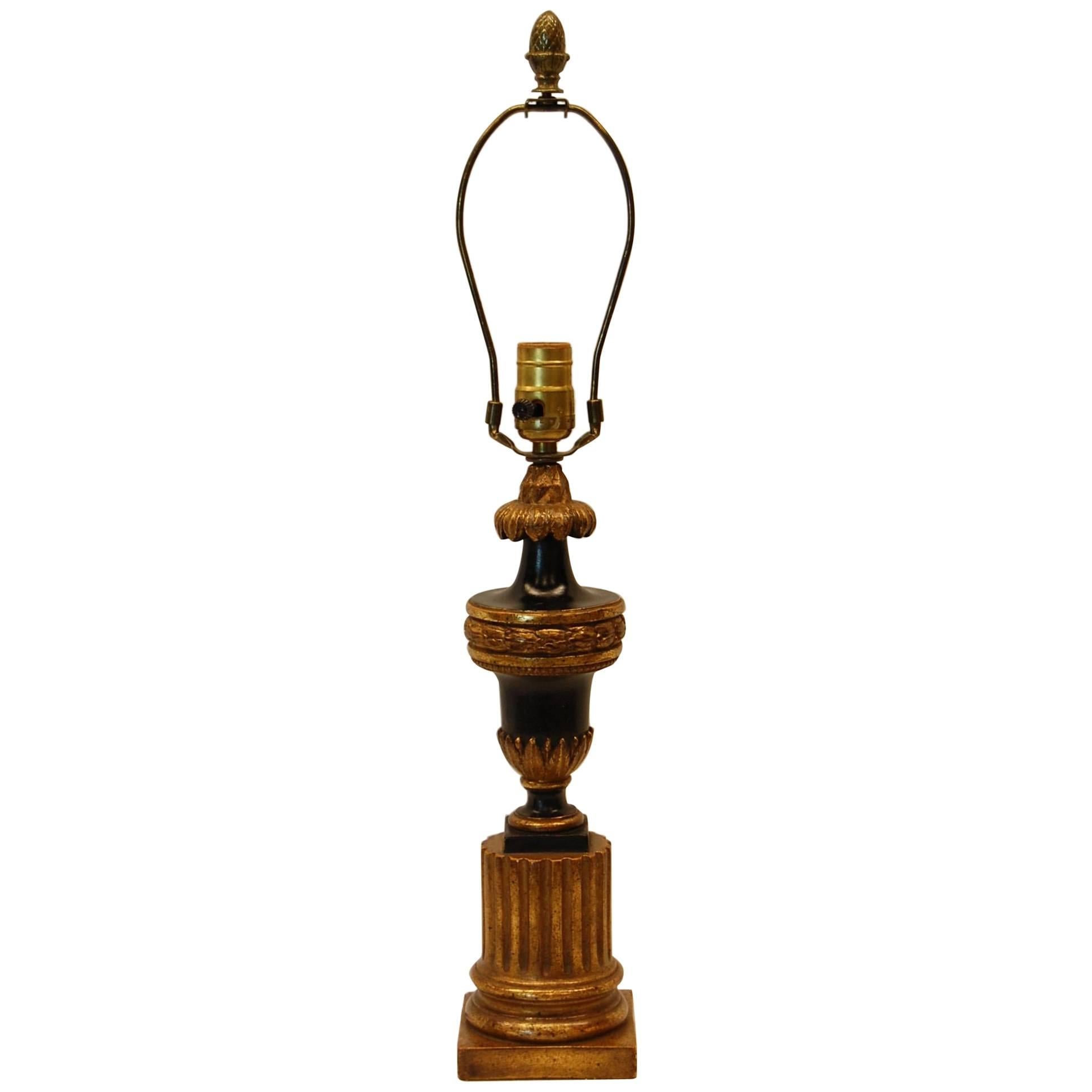 Carved Wood Gilt Table Lamp in Black Paint and Gold Leaf, Mid-20th Century