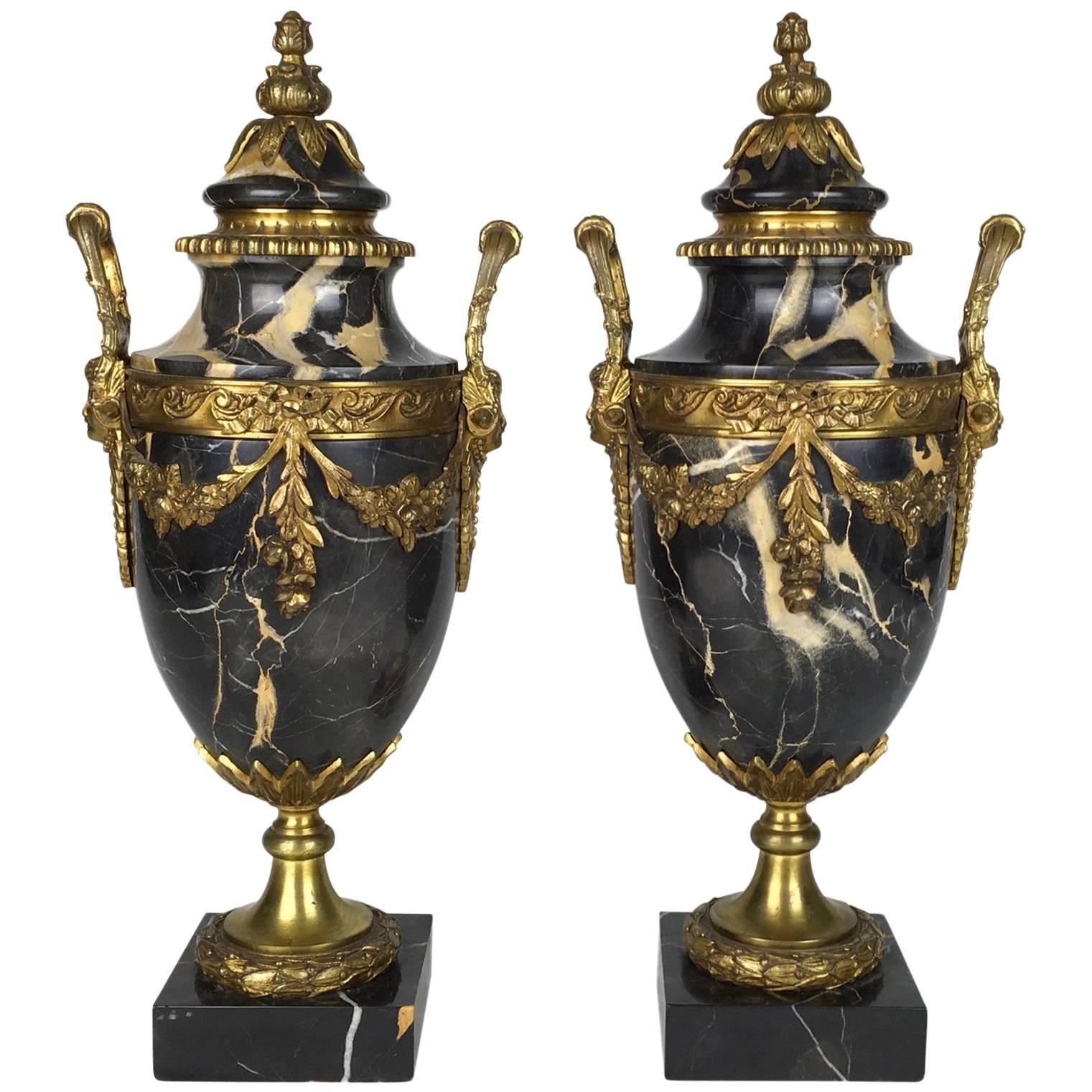 Antique Pair of French Louis XVI Style Marble Urns Gilt Bronze Ormolu Mounts