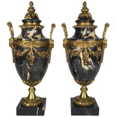 Antique Pair of French Louis XVI Style Marble Urns Gilt Bronze Ormolu Mounts