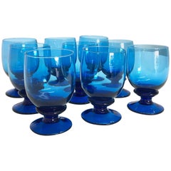 Vintage Set of Nine Cobalt Blue Footed Drinking Glasses