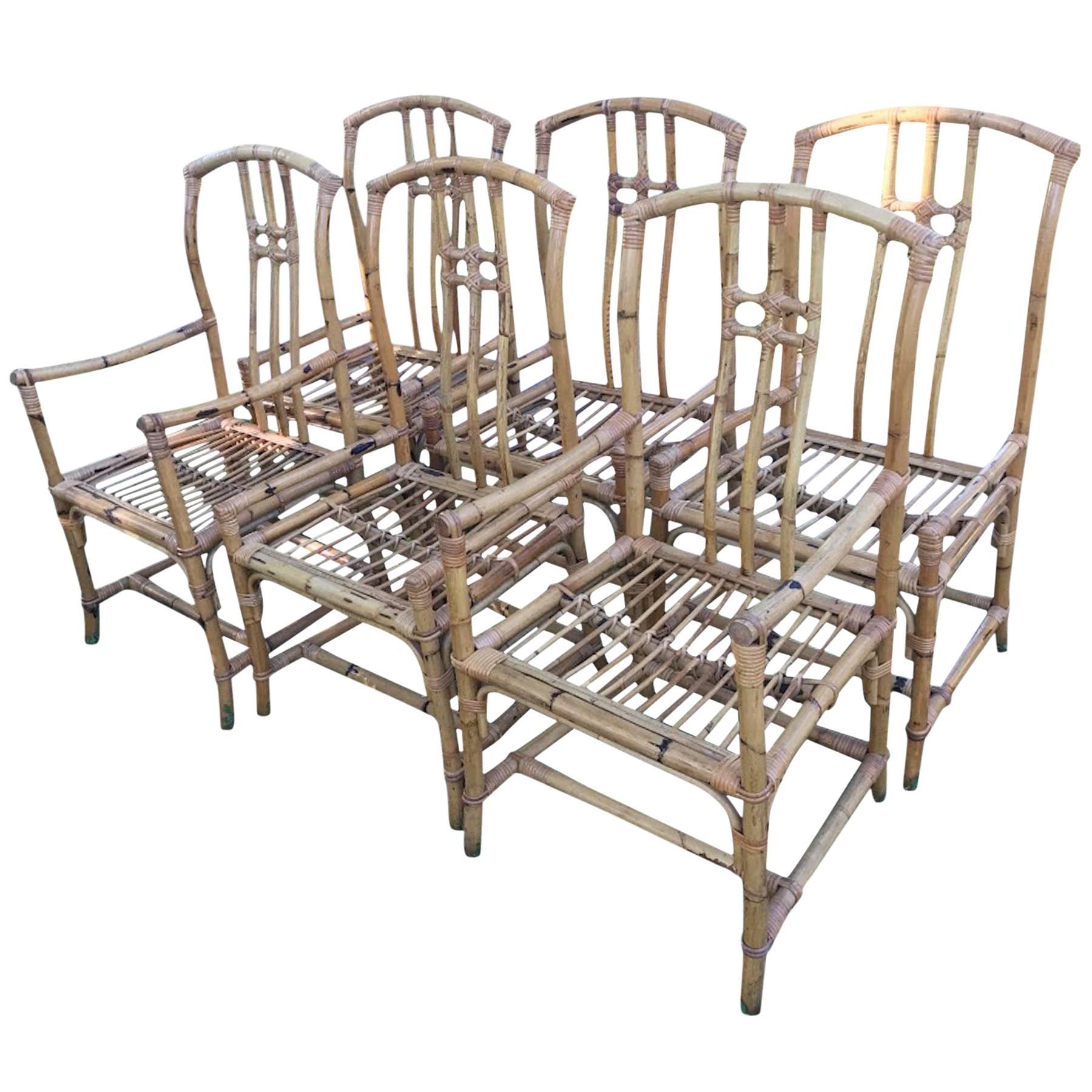 Set of Six Mid-Century Chinese Export Bamboo and Rattan Dining Chairs