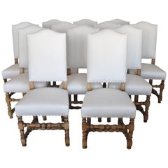 Antique Louis XIII French Set of 12 Bleached Walnut Dining Chairs with Muslin Upholstery