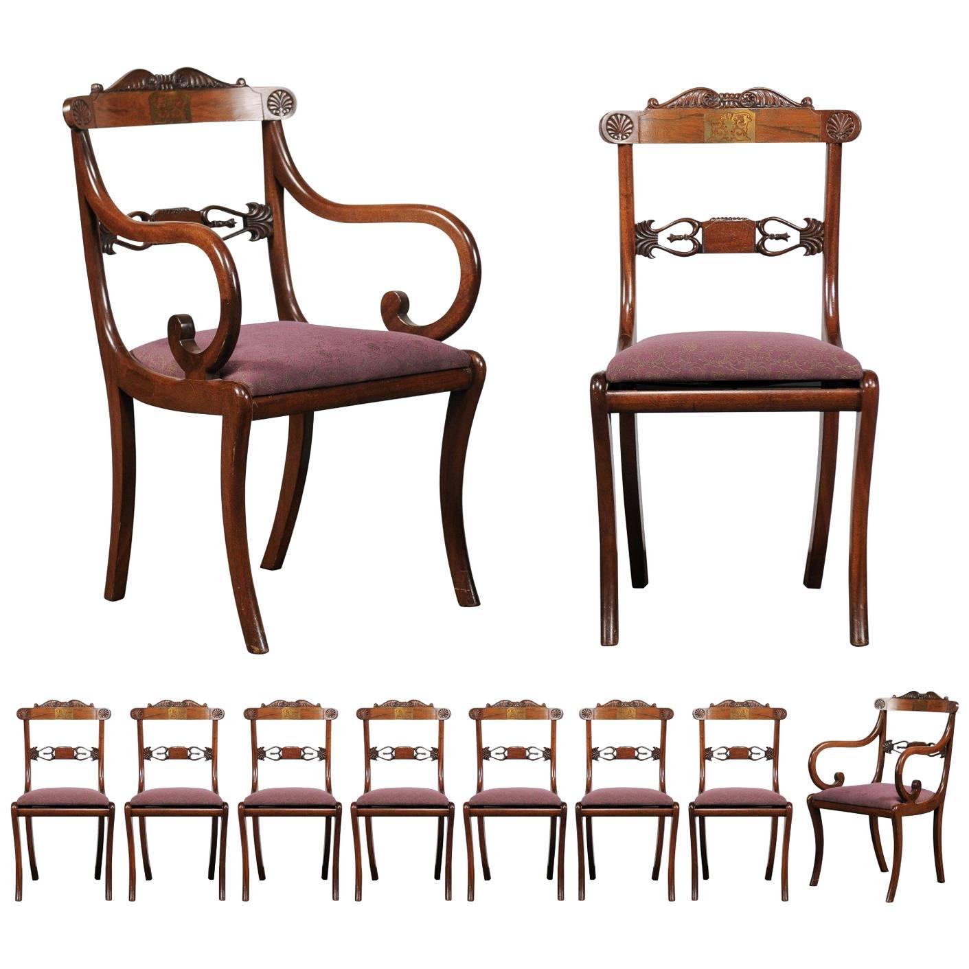 Set of Ten Regency Style Dining Chairs, Rosewood, Mahogany and Brass Inlay