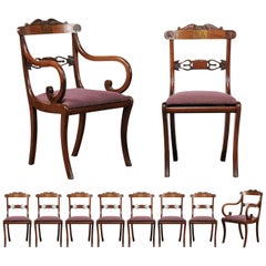 Set of Ten Regency Style Dining Chairs, Rosewood, Mahogany and Brass Inlay