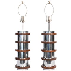 Pair of Industrial Modern Stacked Chrome and Black Walnut Table Lamps, 1960s