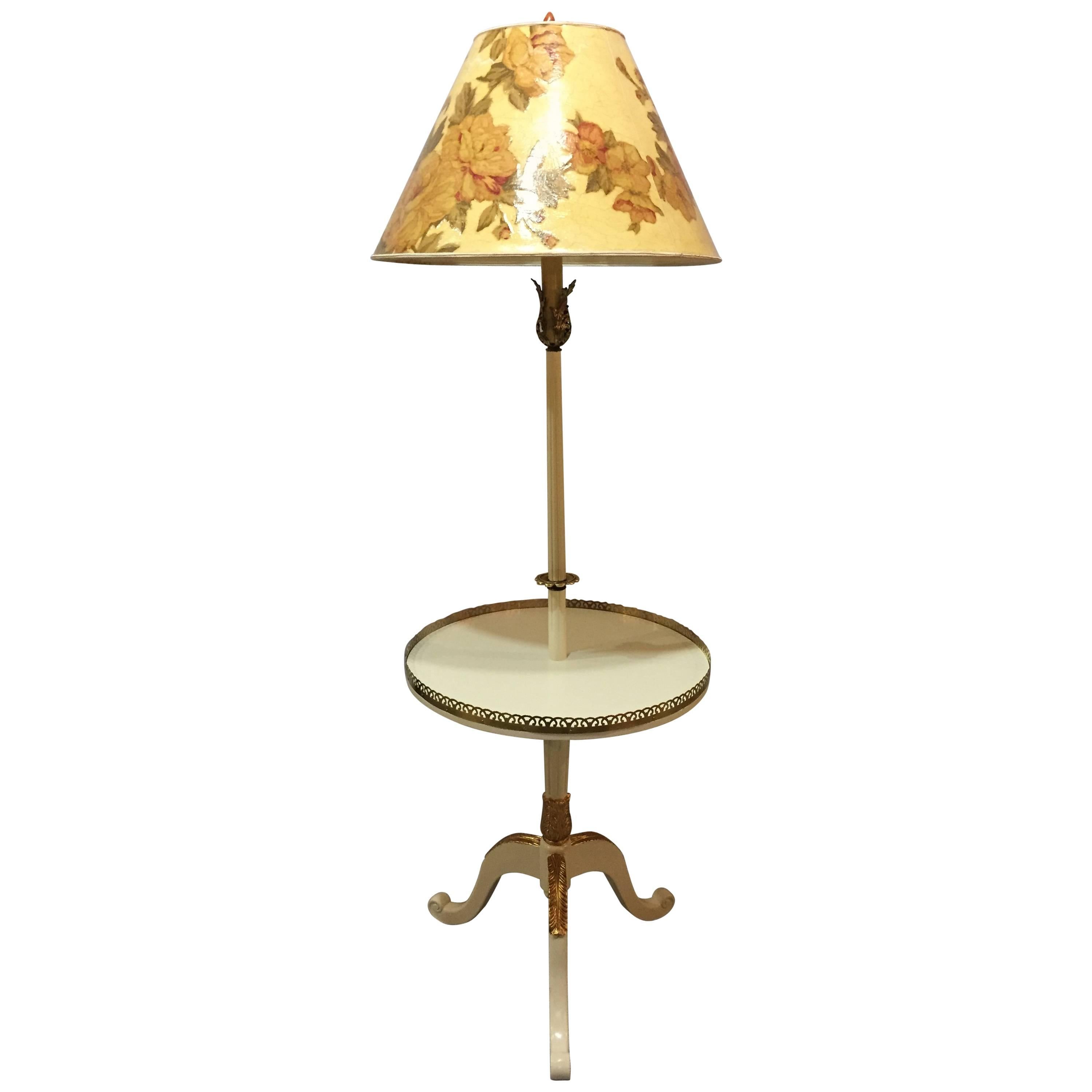 Off-White and Gilt Gold Paint Decorated Table Lamp with Custom Shade