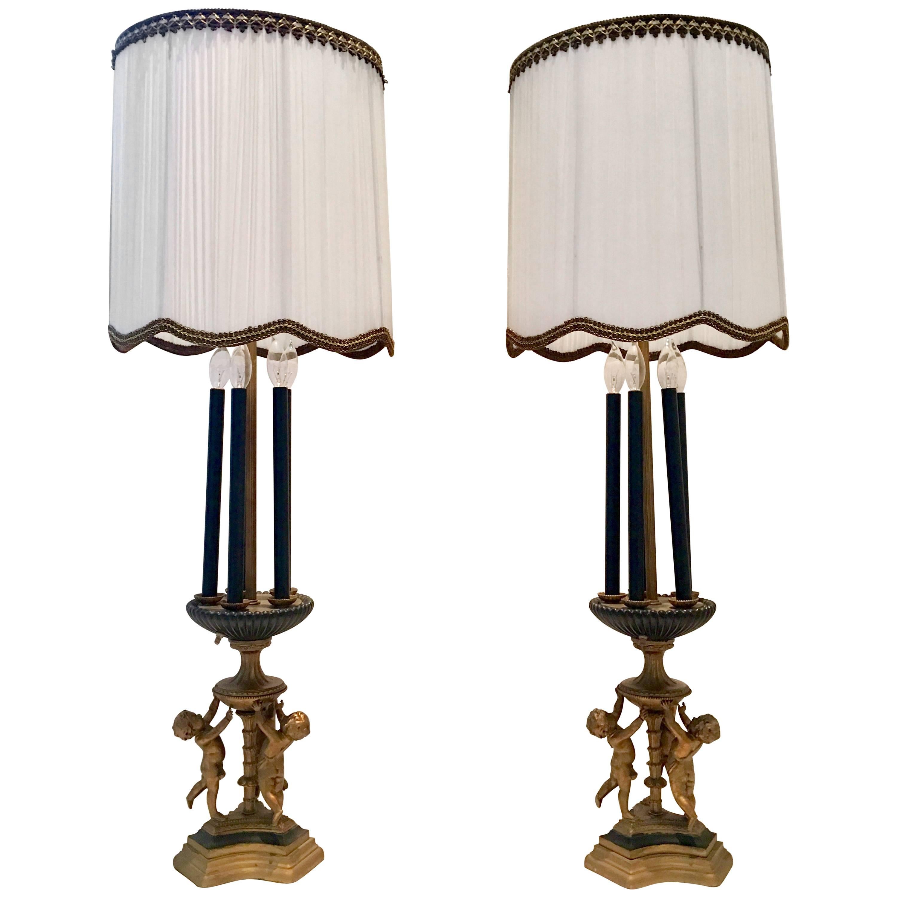 Antique Monumental Pair Of Neoclassical Six-Light Candelabra Lamps & Shades
