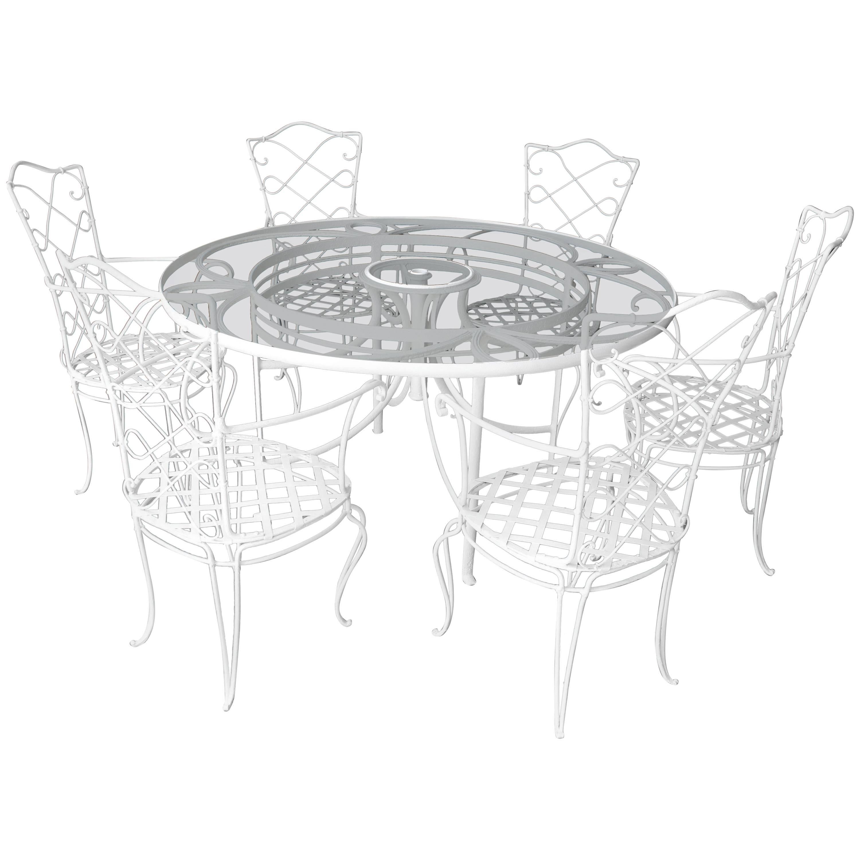 1930s White French Iron and Glass Outdoor Dining Table with Set of 12 Chairs